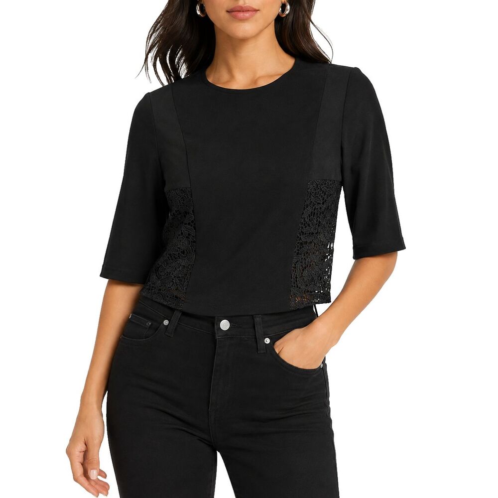 Express Womens Top XS Black Floral Lace Cutout Crop 3/4 Sleeve Y2K Party Club